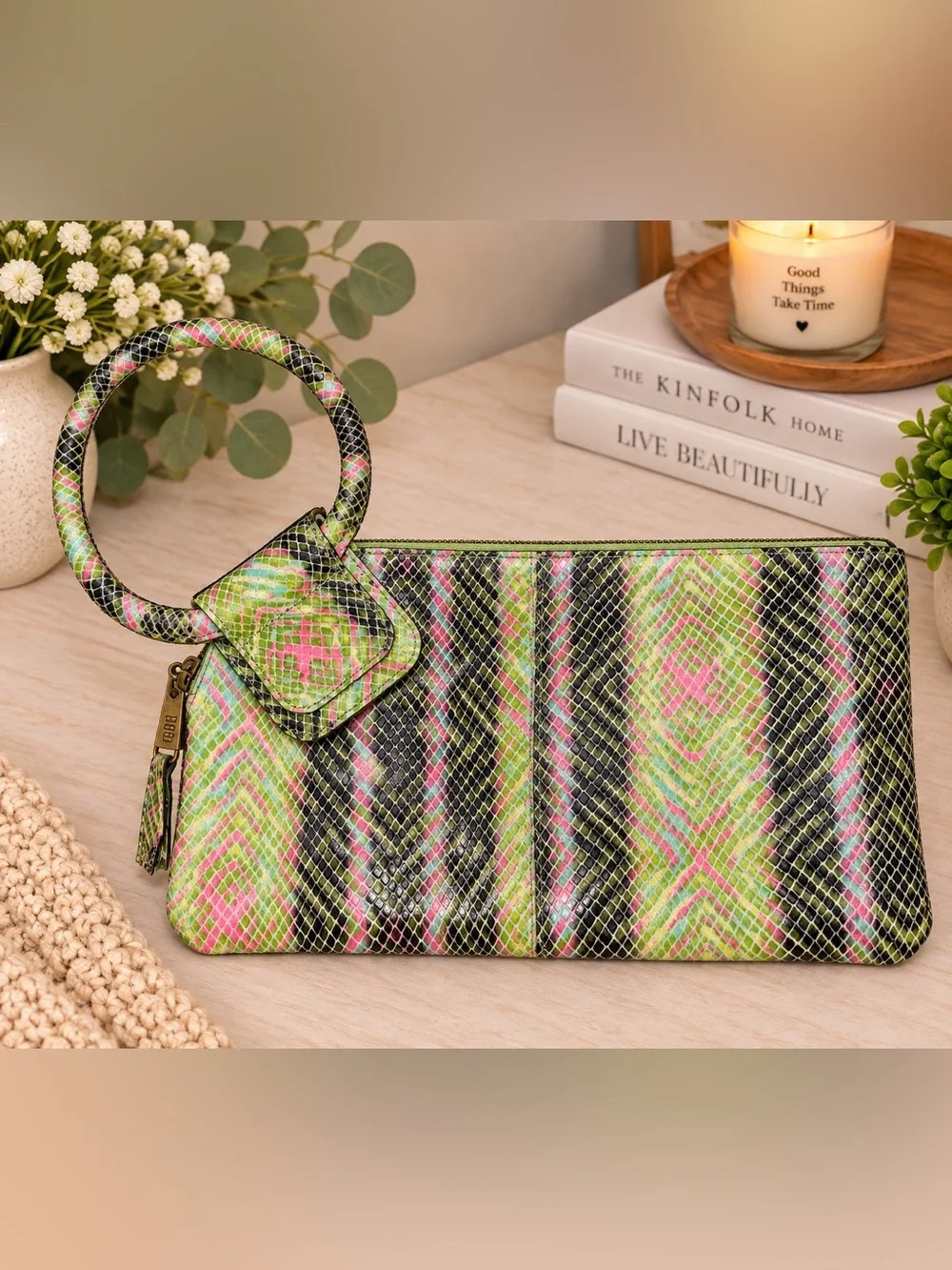 HOBO Colorful Snakeskin Print Leather Wristlet Clutch Organizer